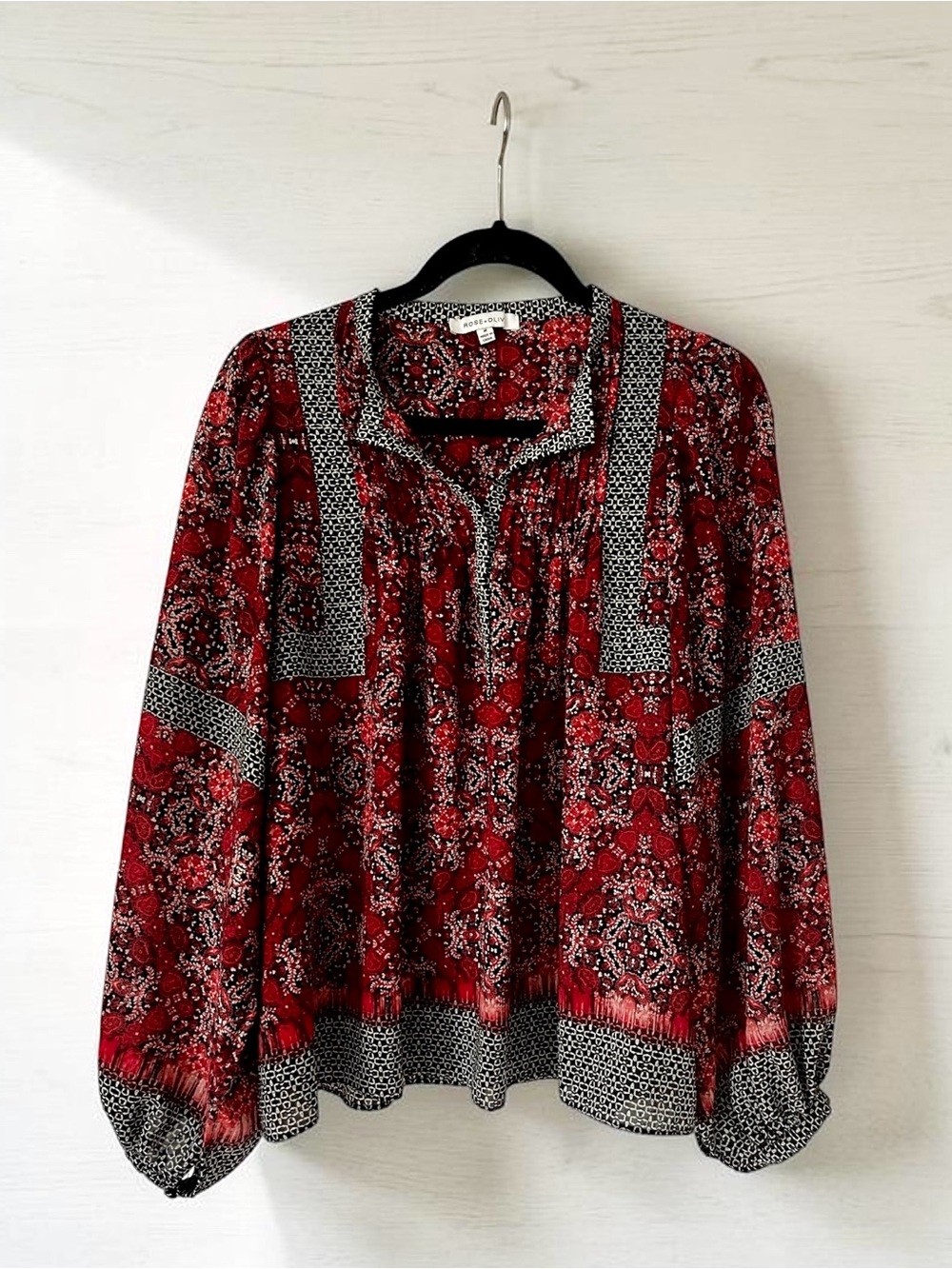 Rose & Olive Red/White/Black Floral/Patterned Peasant Blouse M